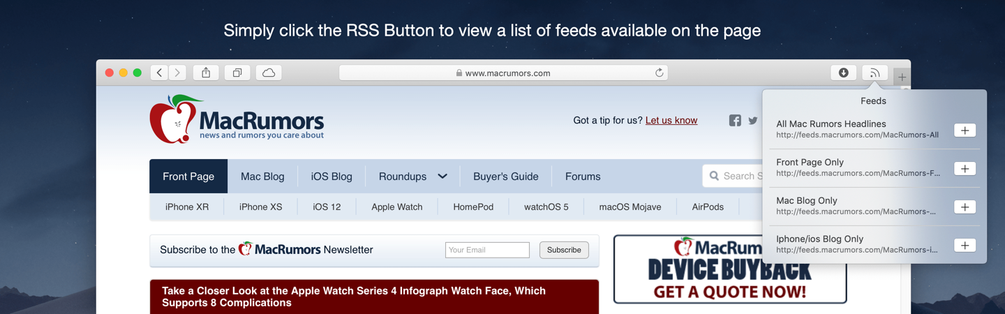 Simply click the RSS Button to view a list of feeds available on the page